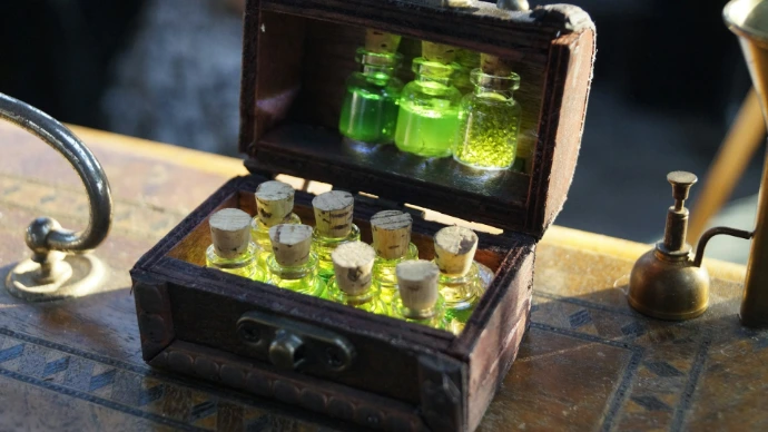 clear glass bottles in brown wooden box